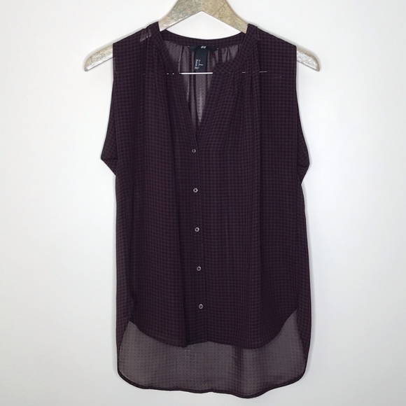 H&M Sheer Plaid Button Front Sleeveless Blouse 4 - Picture 2 of 7